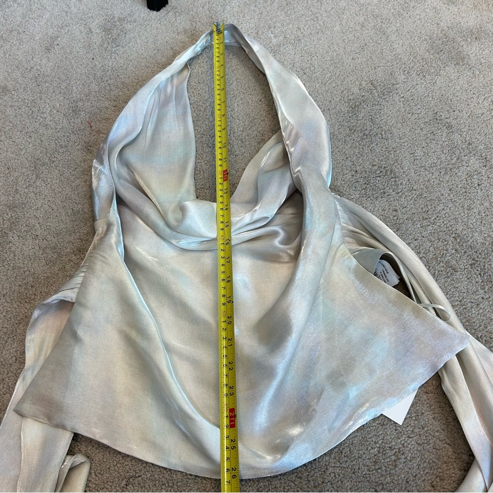 Zara ivory pearlescent ombre satin open back draped Cowl neck halter top Sz XL - Picture 6 of 11